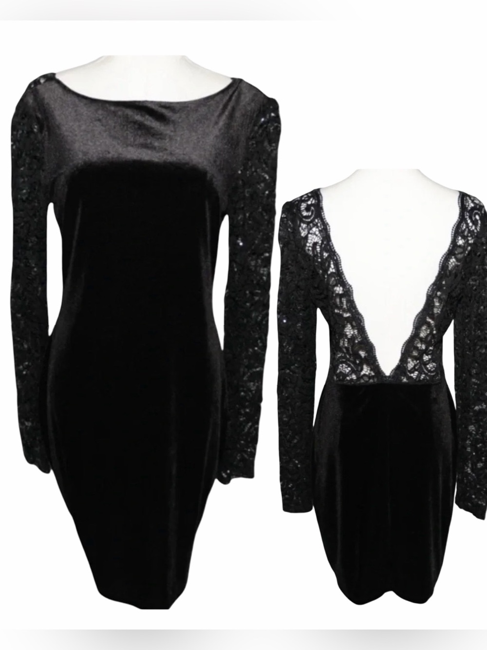 Bebe Black Open Back Mini Dress With Lace Sleeves Size S